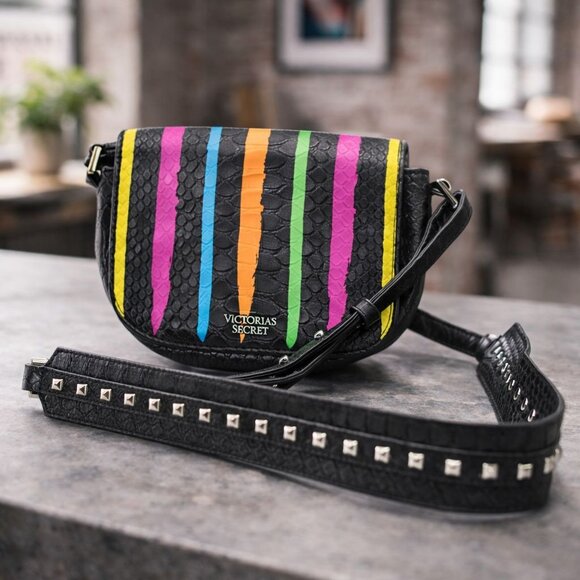 Victorias Secret Handbags - Victorias Secret Colorful Stripe Black Faux Crocodile Crossbody With Studded Str